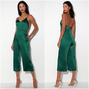 LULU’S Turn The Spotlights On Forest Green Satin Culotte Jumpsuit
